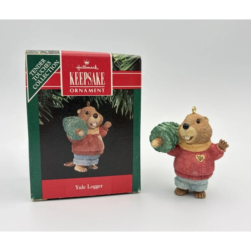 1991 Hallmark Keepsake Ornament Tender Touches Yule Logger Beaver QX496-7 VTG